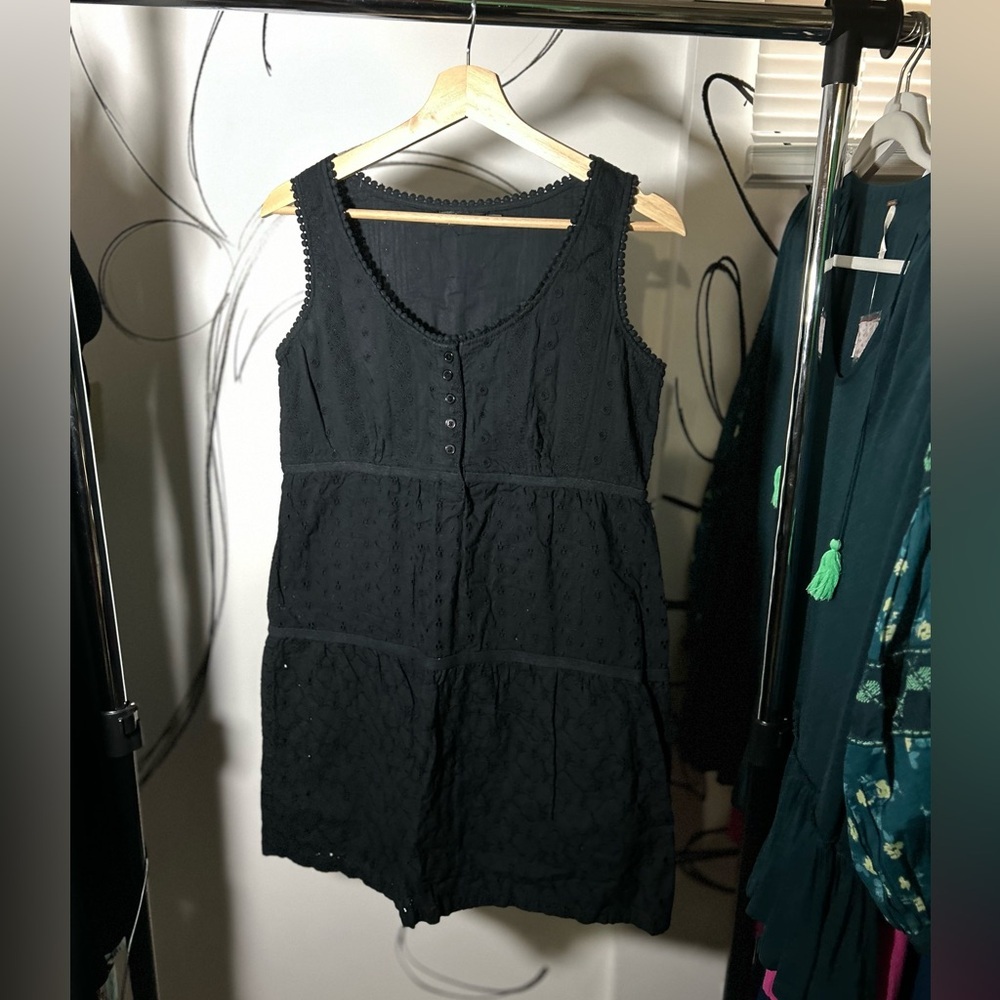 Prana Black Eyelet Tank Short Dress, Tiered Design and Button Detail Small